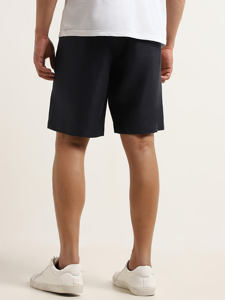Ascot Solid Navy Mid Rise Relaxed Fit Linen Shorts