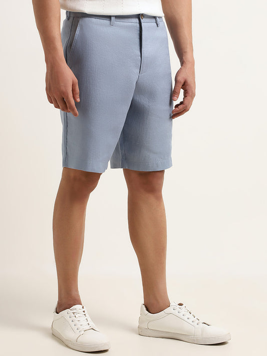 Ascot Solid Blue Mid Rise Relaxed Fit Linen Shorts