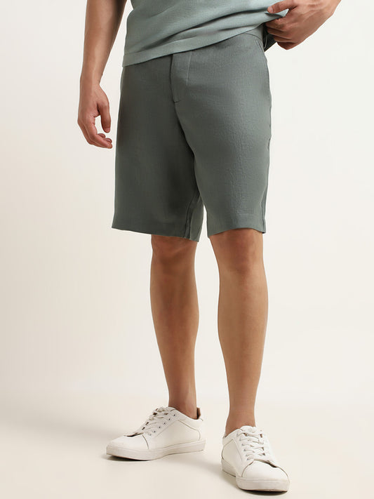 Ascot Solid Sage Mid Rise Relaxed Fit Linen Shorts