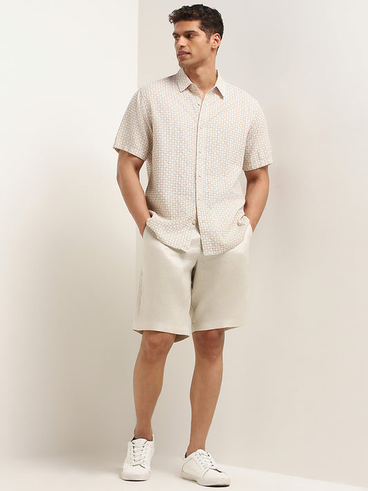 Ascot Solid Cream Mid Rise Relaxed Fit Linen Shorts