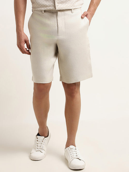 Ascot Solid Cream Mid Rise Relaxed Fit Linen Shorts