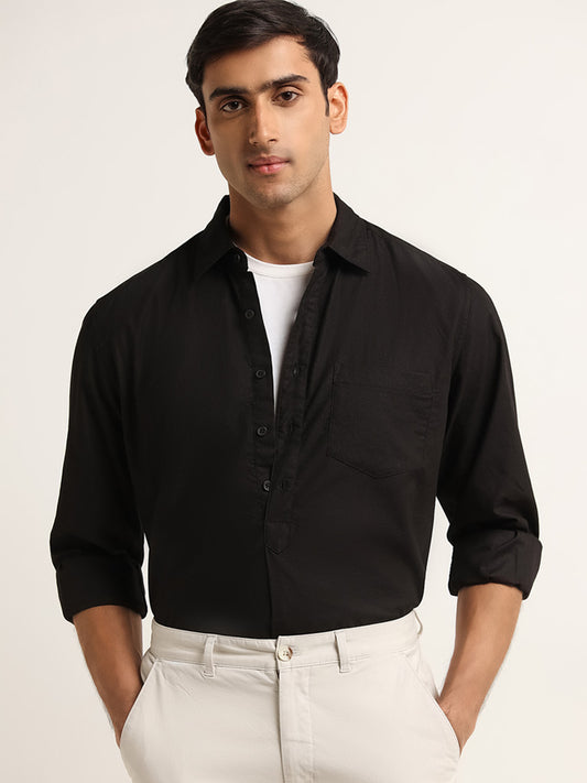WES Casuals Black Solid Cotton Relaxed Fit Shirt