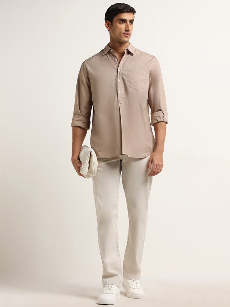 WES Casuals Beige Cotton Relaxed Fit Shirt