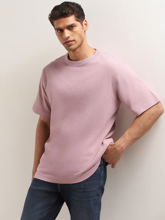 WES Casuals Solid Pink Cotton Oversized T-Shirt