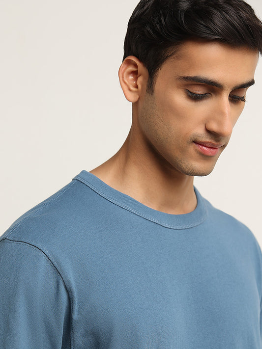WES Casuals Blue Cotton Relaxed Fit T-Shirt