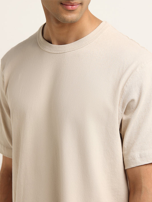 WES Casuals Beige Solid Cotton Relaxed Fit T-Shirt