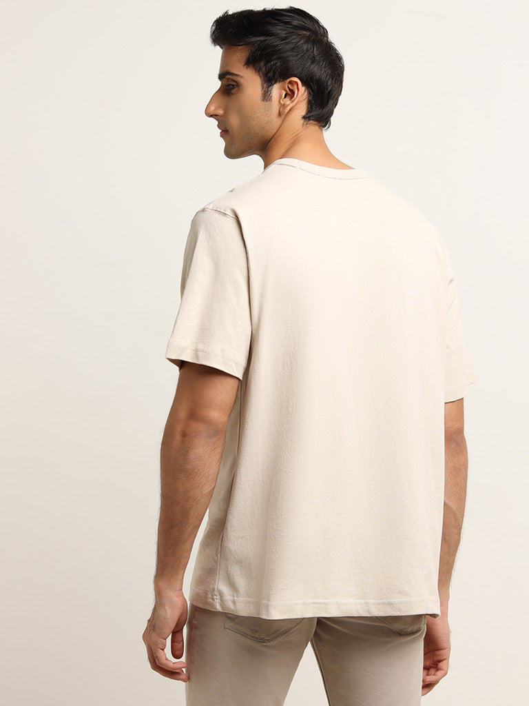 WES Casuals Beige Solid Relaxed Fit T-Shirt