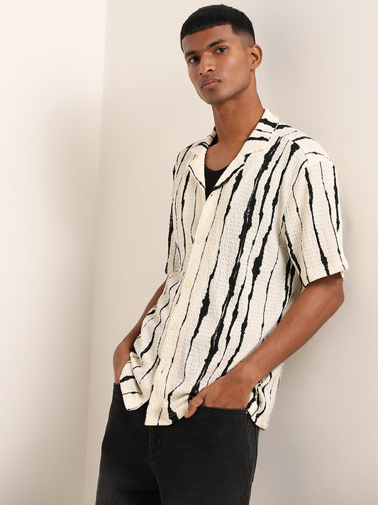 Nuon Off-White Striped Self-Textured Relaxed Fit Shirt