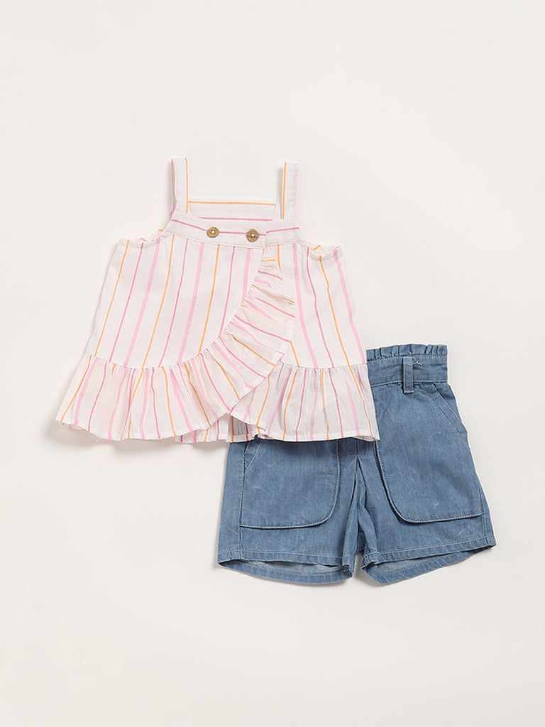 HOP Baby White Striped Top & Shorts Set