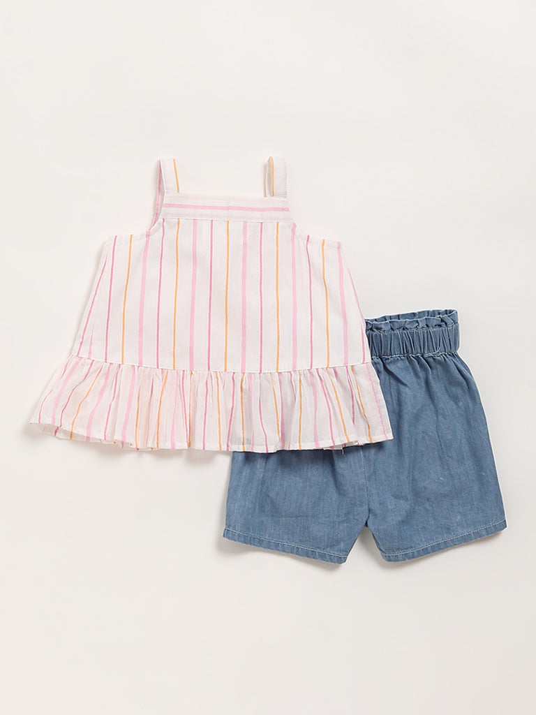 HOP Baby White Striped Top & Shorts Set