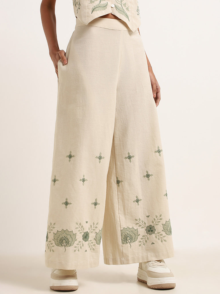 Bombay Paisley Off-White Wide-Leg Embroidered Pants