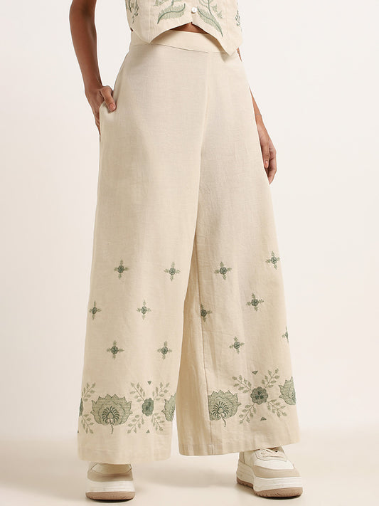 Bombay Paisley Off-White Wide-Leg Embroidered Cotton Pants