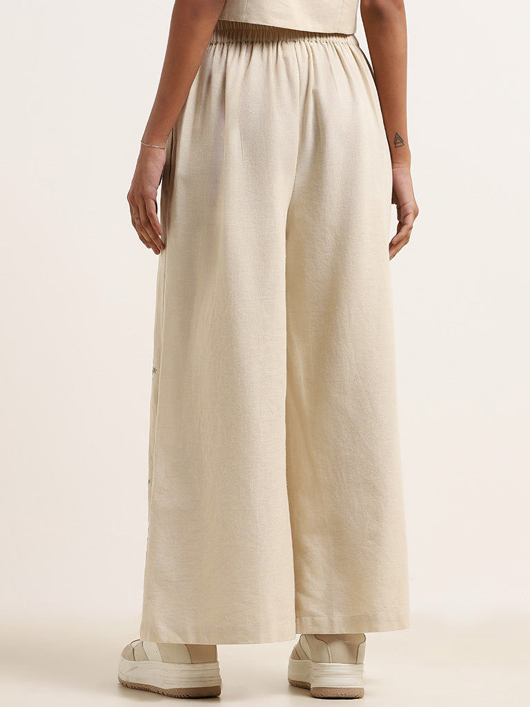 Bombay Paisley Off-White Wide-Leg Embroidered Pants