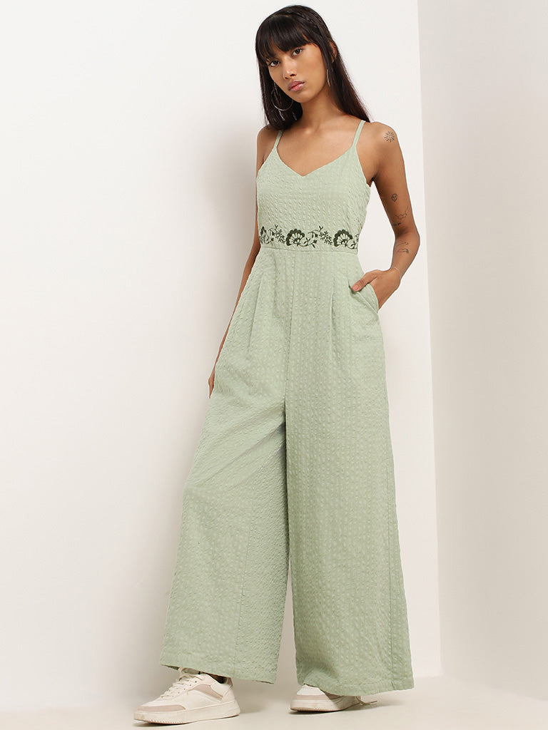 Bombay Paisley Green Embroidered Textured Jumpsuit