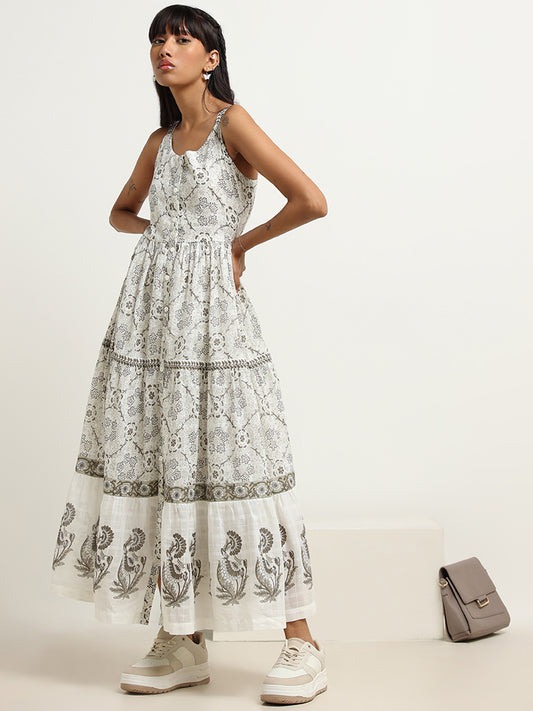 Bombay Paisley White Cotton Blend Tiered Maxi Dress