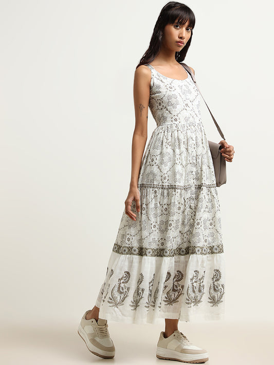 Bombay Paisley White Cotton Blend Tiered Maxi Dress