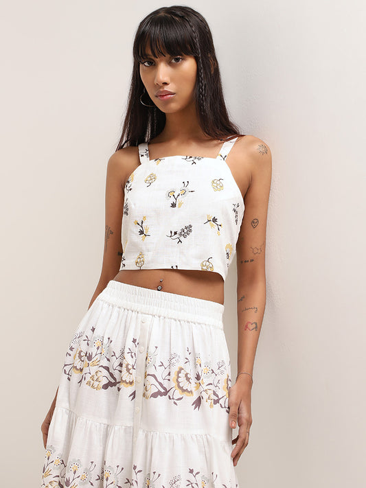Bombay Paisley White Floral Embroidered Crop Top