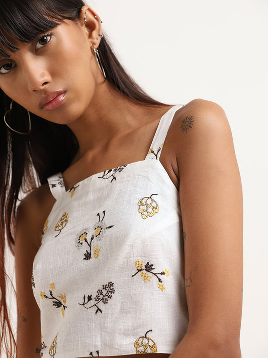 Bombay Paisley White Floral Embroidered Cotton Crop Top