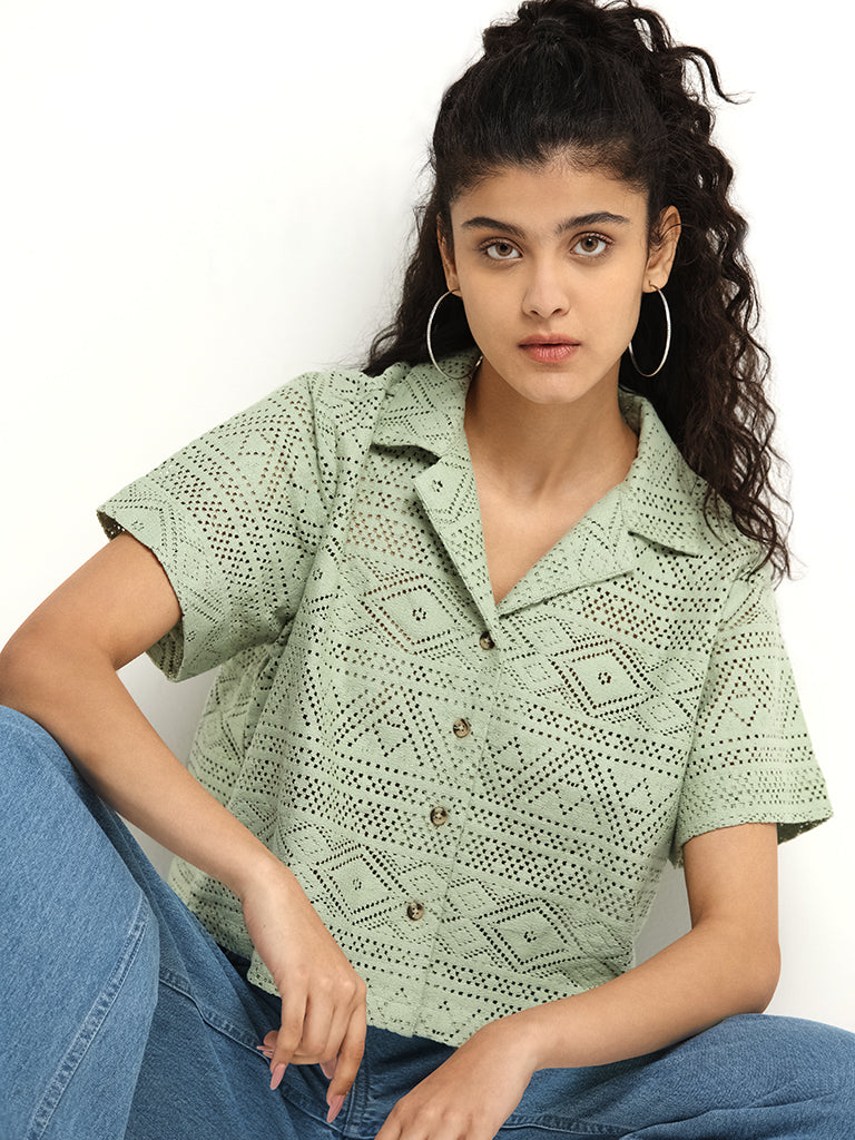 Bombay Paisley Green Mesh Cotton Blend Crop Shirt