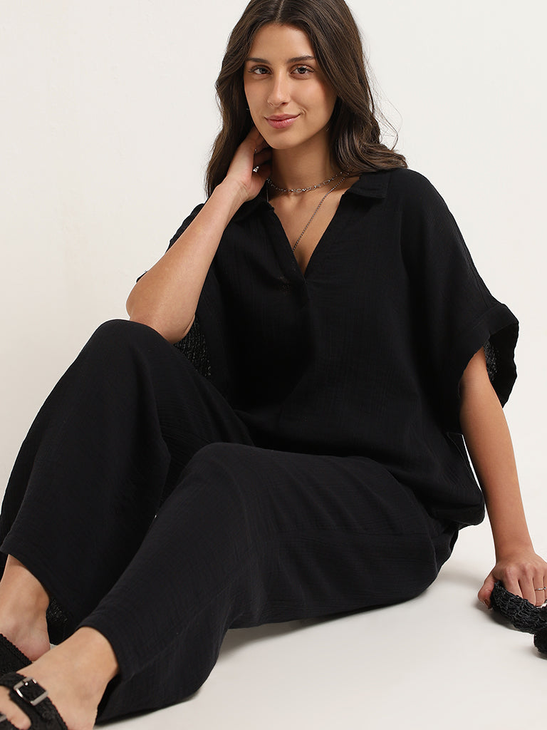 Wunderlove Black Cotton Crinkled Relaxed Beach Top