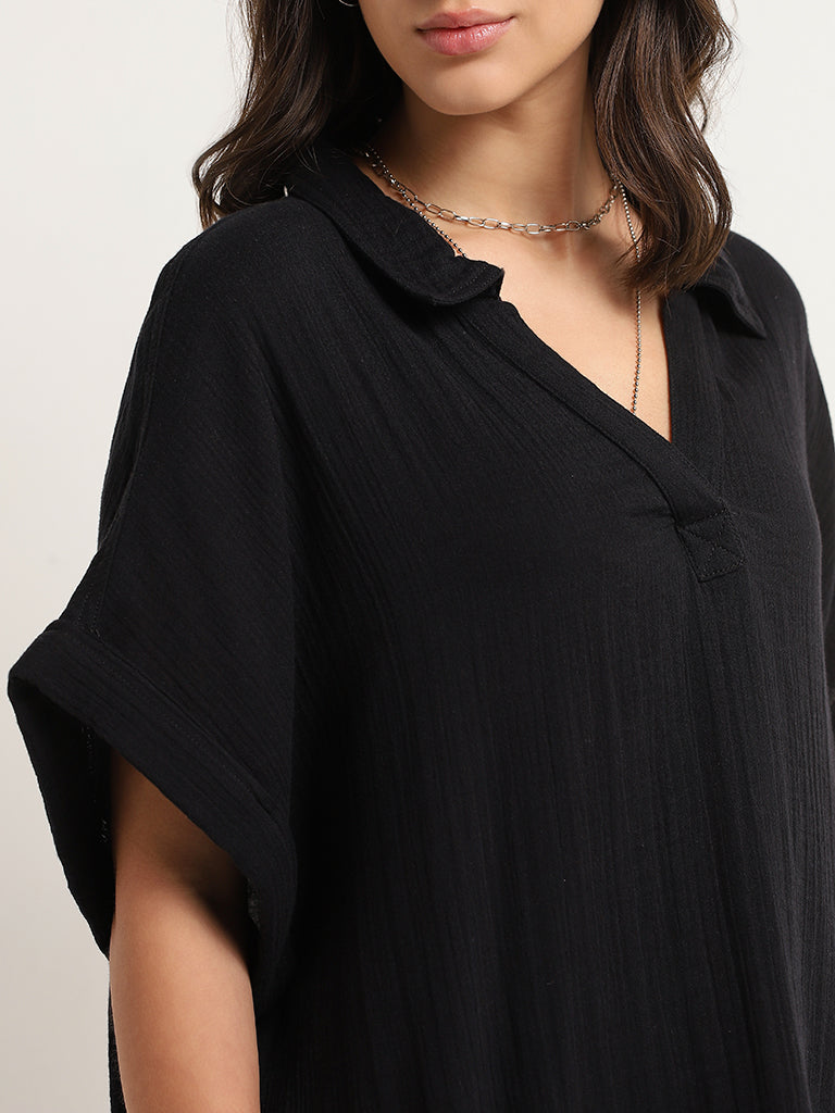 Wunderlove Black Cotton Crinkled Relaxed Beach Top