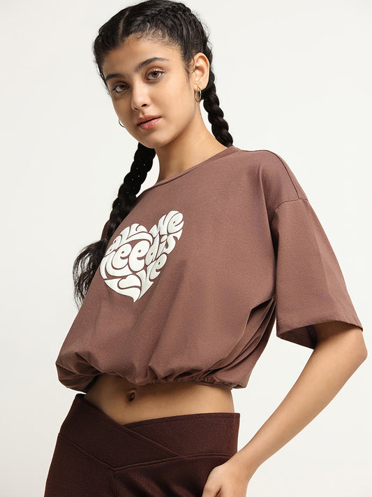 Superstar Brown Drawstring Cotton Crop T-Shirt
