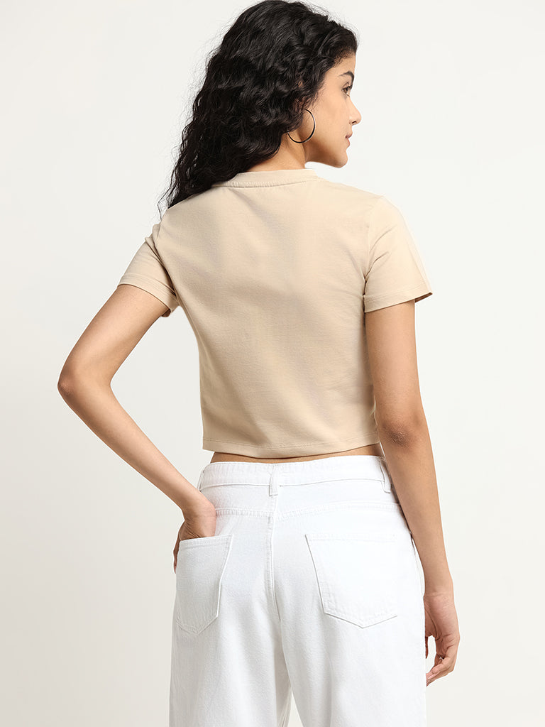 Nuon Beige Solid Cotton Blend Crop T-Shirt
