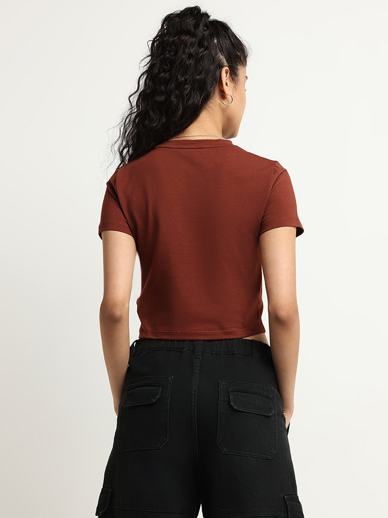 Nuon Brown Solid Cotton Blend Crop T-Shirt