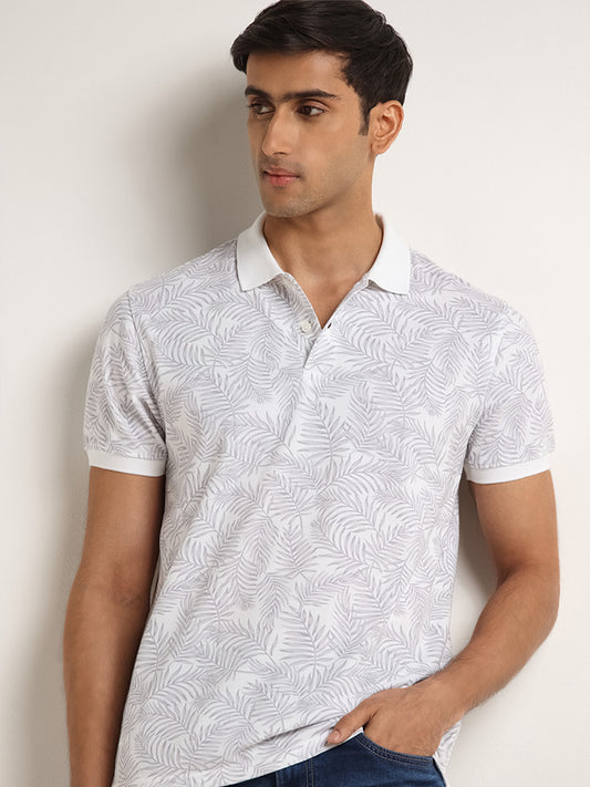 WES Casuals Light Grey Leaf Design Cotton Blend Slim Fit Polo T-Shirt