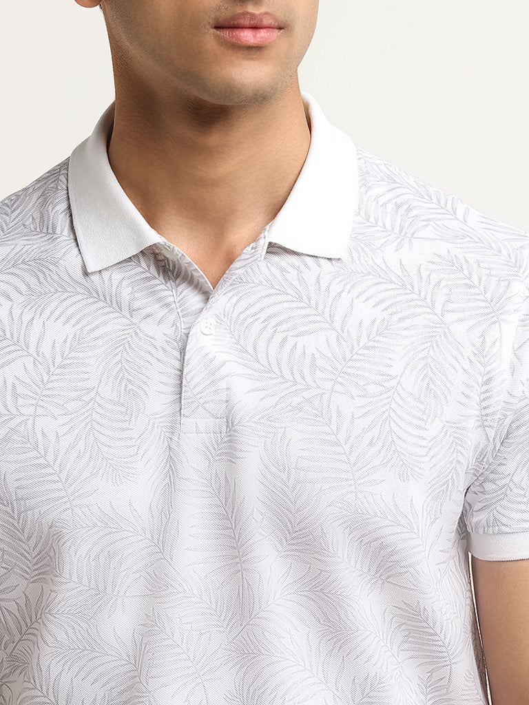 WES Casuals Light Grey Leaf Design Slim Fit Polo T-Shirt