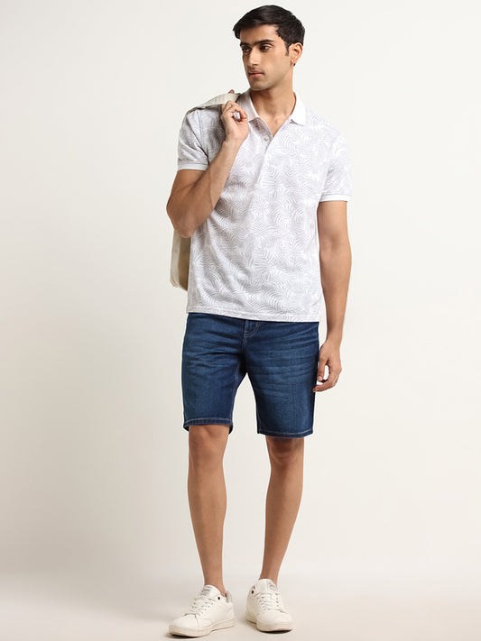 WES Casuals Light Grey Leaf Design Cotton Blend Slim Fit Polo T-Shirt