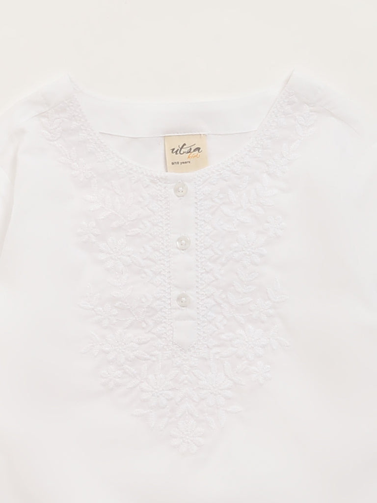 Utsa Kids White Floral Embroidered Kurti (8 -14yrs)