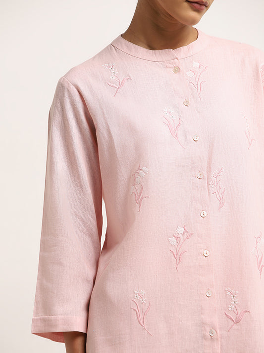 Zuba Pink Floral Embroidered A-Line Cotton Kurta