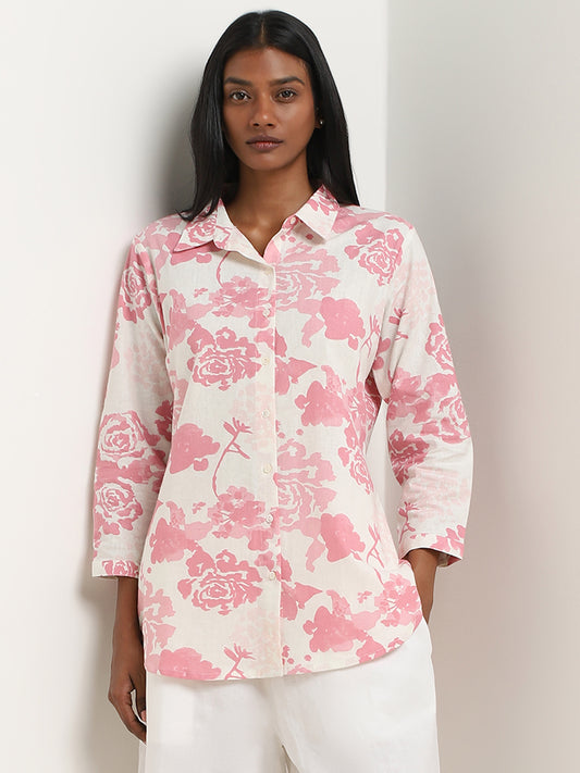 Zuba Pink Rose Pattern Straight Cotton Tunic