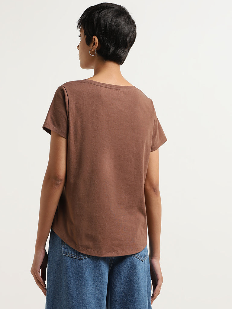 LOV Brown Printed Cotton T-Shirt
