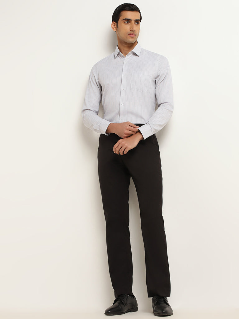WES Formals Light Grey Striped Slim Fit Shirt