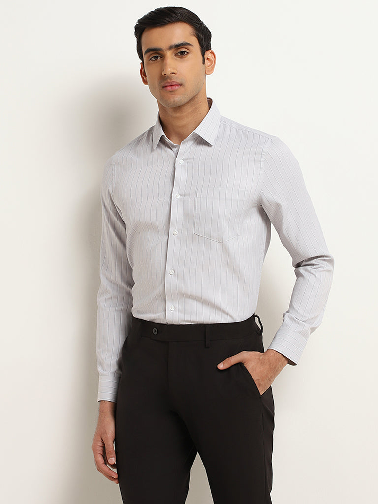 WES Formals Light Grey Striped Cotton Blend Slim Fit Shirt
