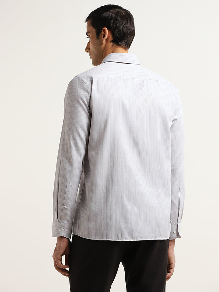 WES Formals Light Grey Striped Cotton Blend Slim Fit Shirt