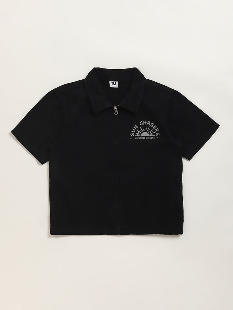 Y&F Kids Black Printed Zipper Shirt