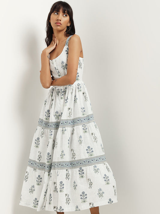 Bombay Paisley White Cotton Blend Gathered-bodice Maxi Dress