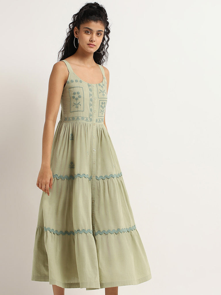 Bombay Paisley Green Embroidered Cotton Maxi Dress