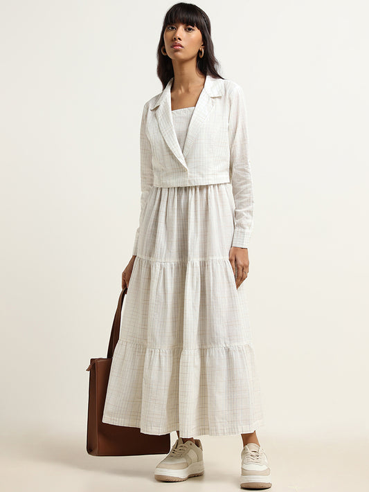 Bombay Paisley Off-White Tiered Blended Linen Maxi Dress with Jacket