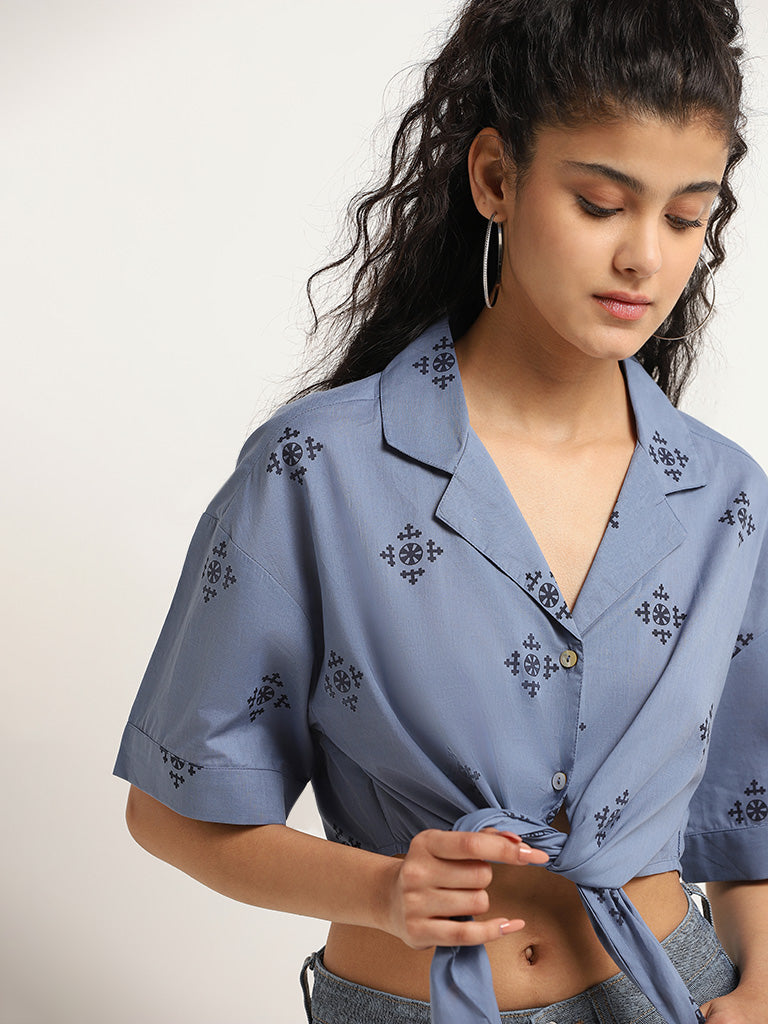 Bombay Paisley Blue Printed Cotton Tie-Up Crop Shirt