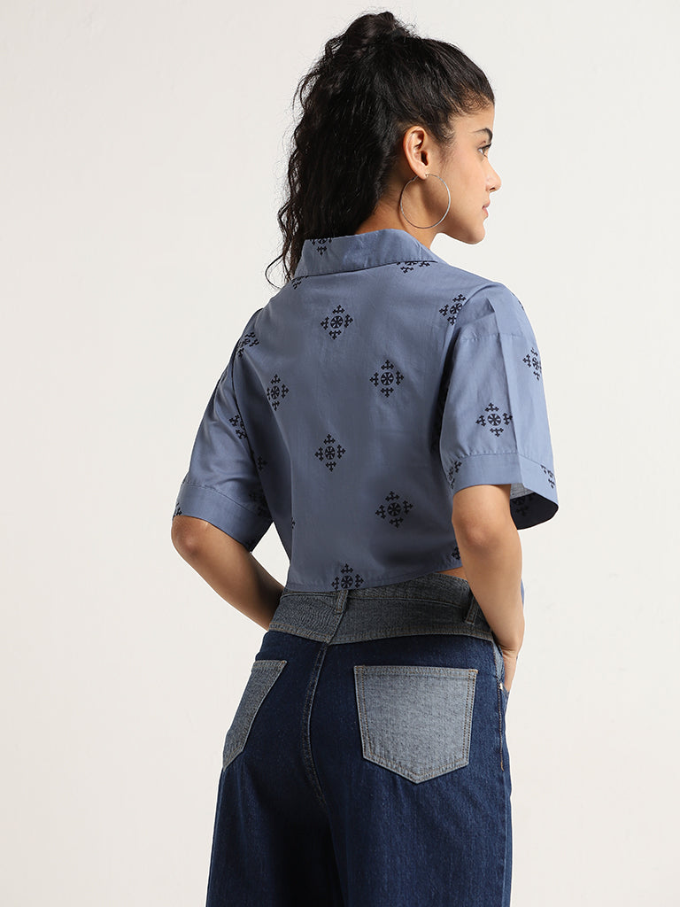 Bombay Paisley Blue Printed Cotton Tie-Up Crop Shirt