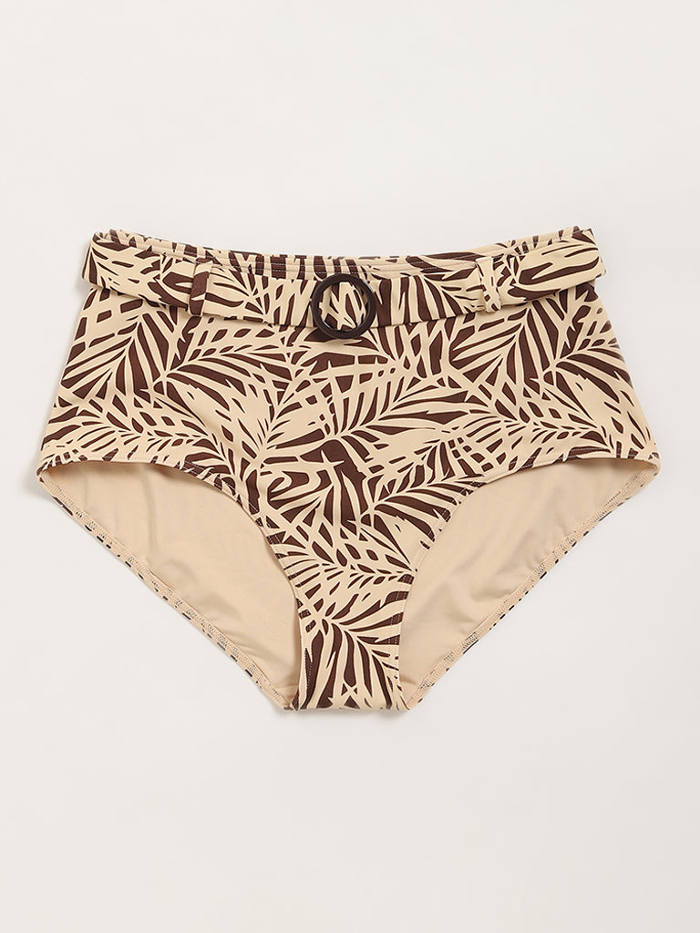Wunderlove Swimwear Beige Leaf Print Belted Briefs