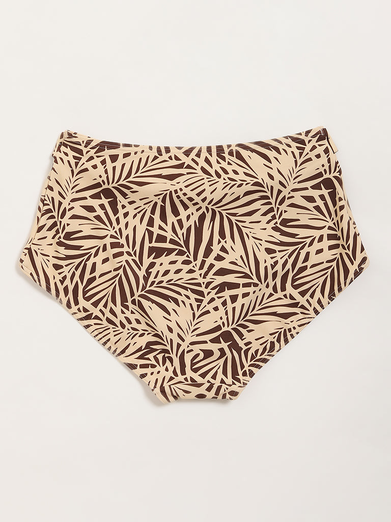 Wunderlove Swimwear Beige Leaf Print Belted Briefs