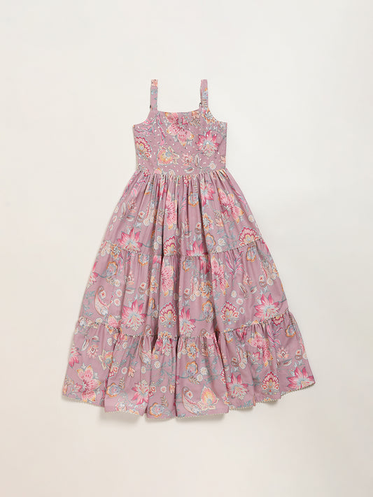Utsa Kids Lilac Strappy Printed Dress