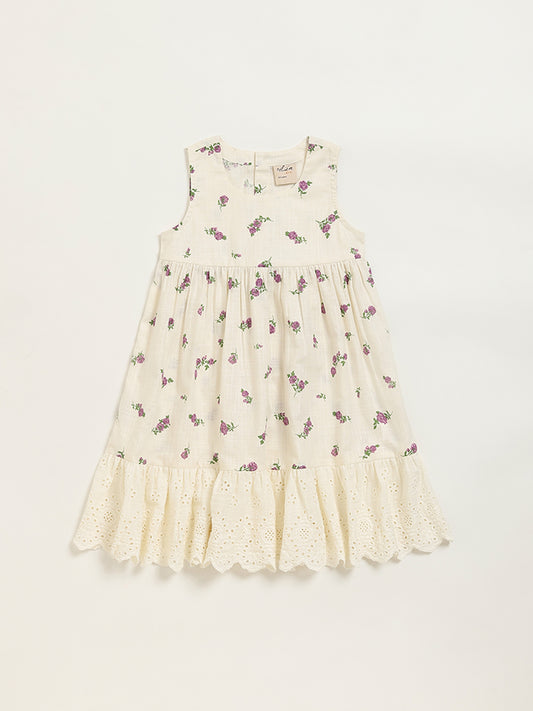Utsa Kids White Floral Design Cotton Dress