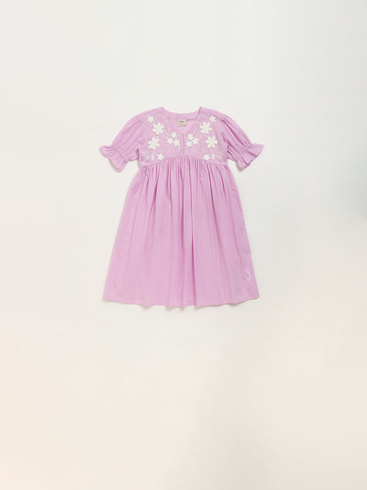 Utsa Kids Purple Floral Embroidered Empire-Line Cotton Dress (2 - 8yrs)