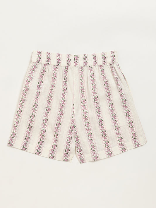 Utsa Kids Off-White Ditsy Floral Cotton Shorts (8 -14yrs)